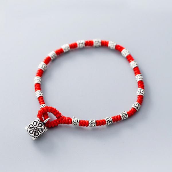 Sterling Silver Ethnic Red Flower Pendant Rope Bracelet Gift