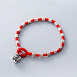 Sterling Silver Ethnic Red Flower Pendant Rope Bracelet Gift