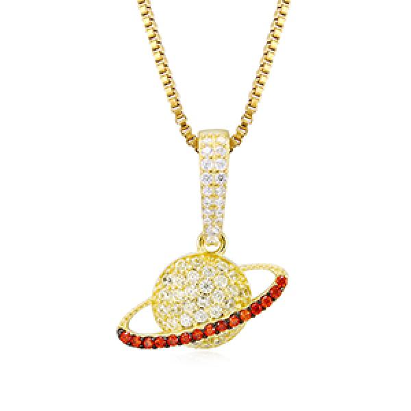 Planet Pendant Necklace 100% Sterling Silver Red Crystal Cubic Zircon Necklace