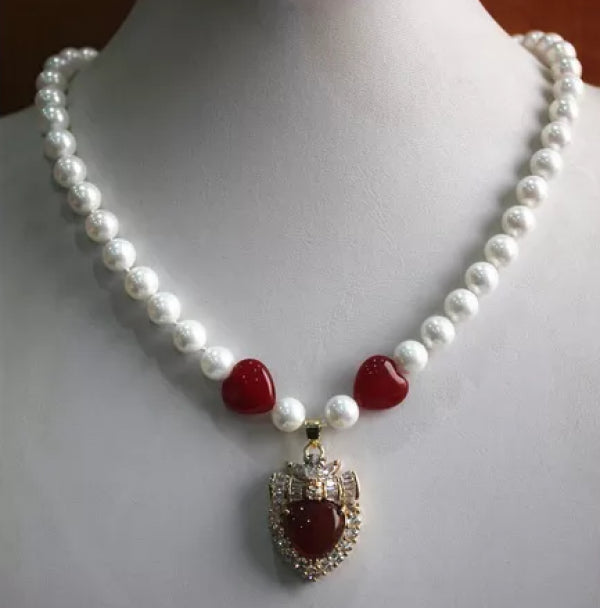 Women's Red Heart Necklace with Shell Pearl and Red Crystal Plate