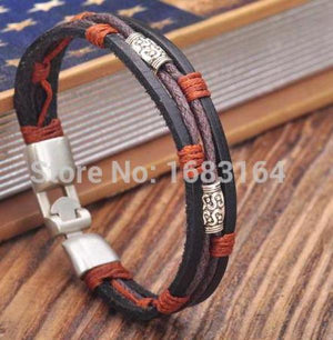 G154 Black-Orange Leather Hemp Surfer Wristband Bracelet Cuff Metal Clasp Mens