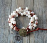 Freshwater Pearl Leather Wrap Bracelet Natural Pearls Boho Wedding Gift