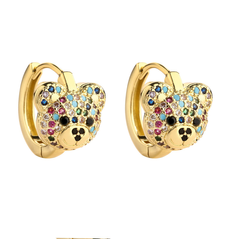Cartoon Zircon Bear Hoop Earrings Silver Animal Circle Wedding Jewelry