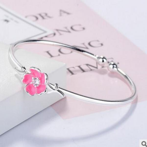 Pink Cherry Blossoms Bangle 925 Silver Open Cuff Bracelet