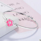 Pink Cherry Blossoms Bangle 925 Silver Open Cuff Bracelet