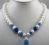 8mm Shell Pearl Mixed Jades Necklace with Blue Jades Pendant