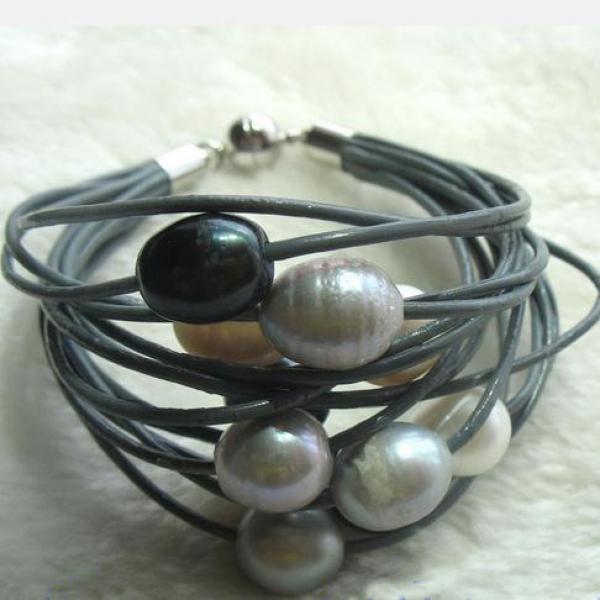 Pearl Leather Bracelet 15 Rows Mixes Freshwater Magnet Clasp