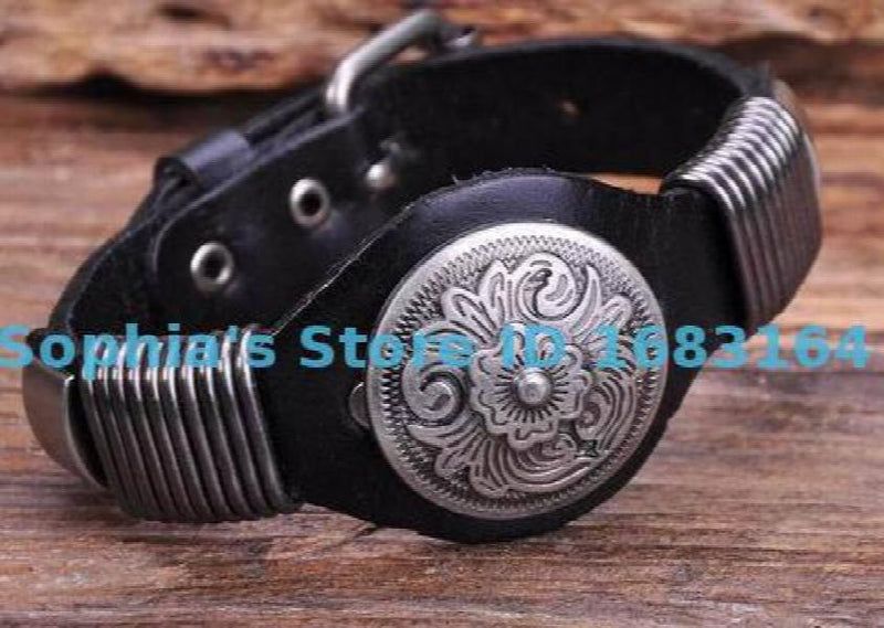 Vintage Floral Studded Men's Leather Bracelet Cuff