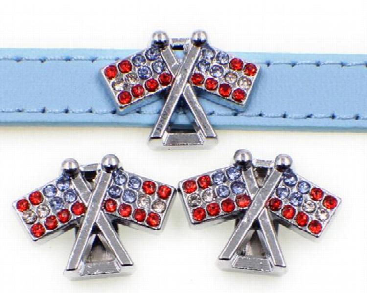20/50PCS 10MM Rhinestone Flag Slide Charm DIY for Wristband Bracelet Keychains