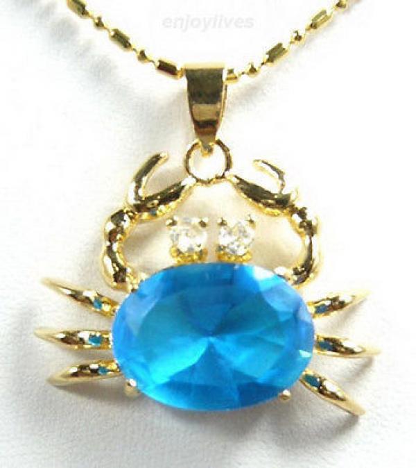 Sky-Blue CZ Yellow Plated Crab Pendant & Necklace