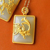 Natural Hetian Jade Dragon Phoenix Square Pendant Retro Chinese Silver Jewelry