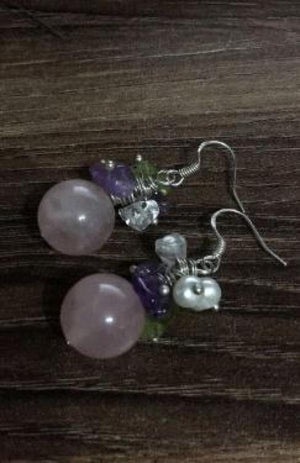 Pink Rose Quartz Amethyst Pearl Drop Earrings