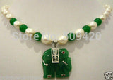 Fast pearl & green jade necklace with elephant pendant