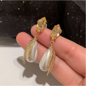 Golden Wheat Earrings Long Tassel Yellow Zircon Leaf S925 Silver Needle