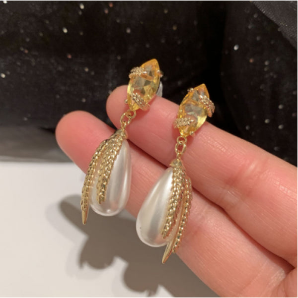 Golden Wheat Earrings Long Tassel Yellow Zircon Leaf S925 Silver Needle