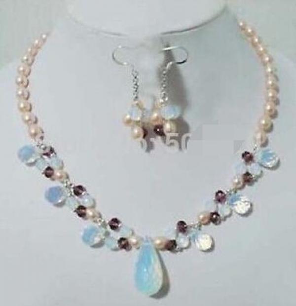 Pink Fresh Water Pearl Opal Necklace Earrings Set