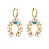 HECHENG Pearl Earring, Horseshoe Pendant Colorful Earrings for Women