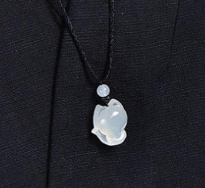 Natural Agate Chalcedony FOX Pendant Necklace Hand-Carved Man Luck Amulet