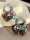 Europe & US Natural Round Bead Stone Earrings for Women Studs Sense Earrings