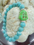 10mm Howlite Bead Green Buddha Head Rhinestone Bracelet