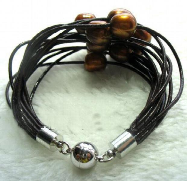 15-Row Coffee Pearl Leather Bracelet, Magnet Clasp