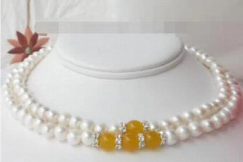 2-strand FW 8-9mm Pearl 10mm Yellow Jade Necklace