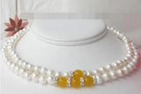 2-strand FW 8-9mm Pearl 10mm Yellow Jade Necklace