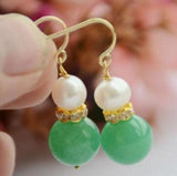 12mm Green Jade & 5-6mm Freshwater Pearl Earrings