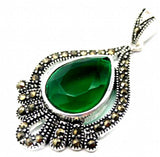 Faceted Green Jade Sterling Silver Water Drop Pendant with Marcasite Chain