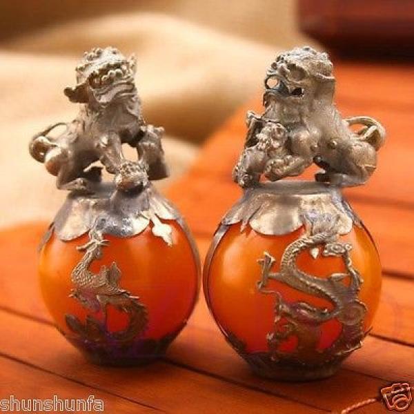 Orange Gem Ball Lion Dragon Phoenix Statue Decoration Bronze