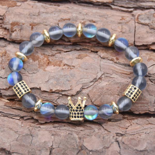 Labradorite Beads Bracelet with CZ Crown for Women Men