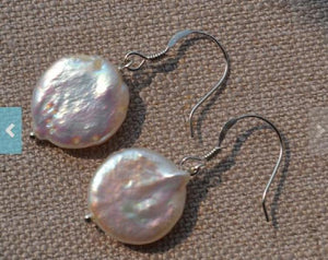 Peach Coin Pearl Dangle Earrings 14mm AA Freshwater Wedding Jewelry