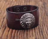 Brown Biker Indian Skull Studded Men's Leather Bracelet Cuff
