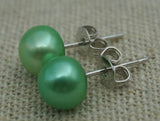 8mm AA Light Green Pearl Earrings 925 Sterling Silver Stud Fine Jewelry