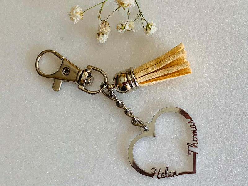 Personalized 2 Names Keychain Heart Name Keyring Two Names Heart Birthday