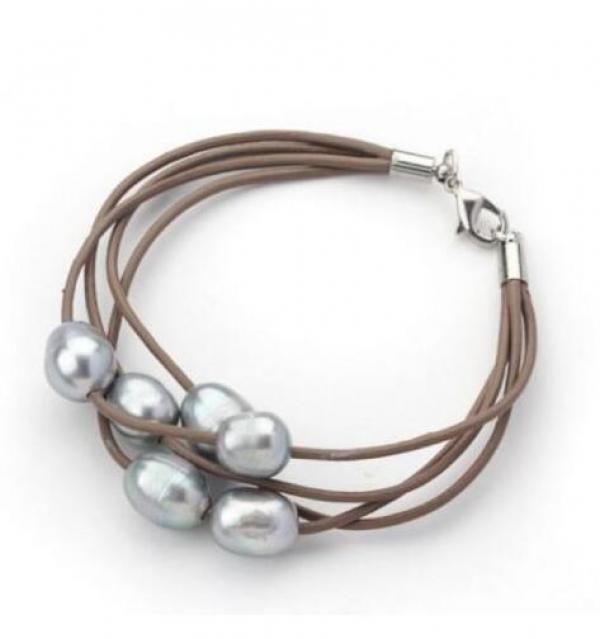 Brown Leather Grey Pearl Bracelet Multi-strand Style