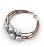 Brown Leather Grey Pearl Bracelet Multi-strand Style