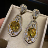 Yellow Diamond Wheat Earrings Square Crystal