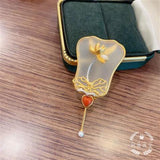 Chinese Style S925 Silver Gilding Crystal Jade Palm-Leaf Fan Brooch