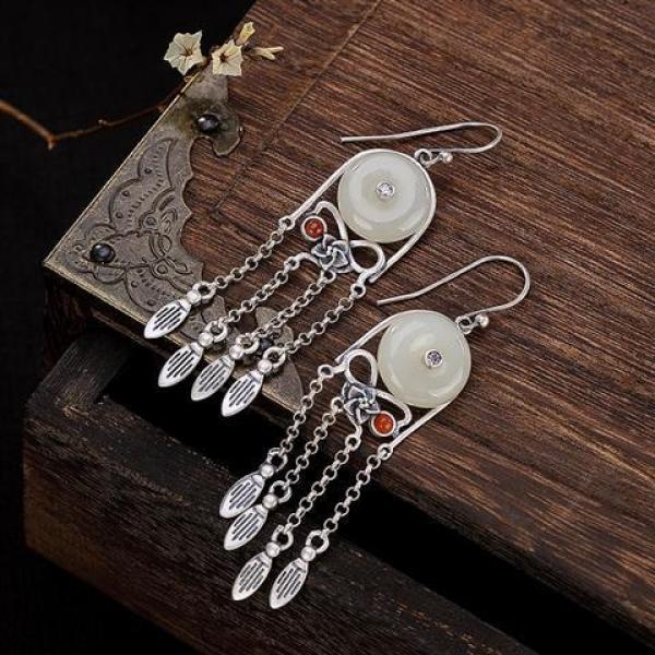 Natural Hetian Jade Tassel Earrings, Chinese Retro Aristocratic Women's Jewelry