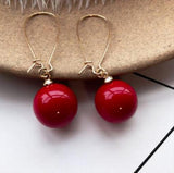 Simulated Pearl Round Dangle Earrings - Red Gray Ball Drop Earring