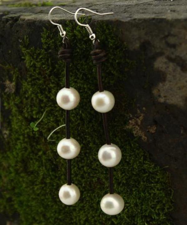 11MM Round Freshwater Pearl Rope Leather Earrings