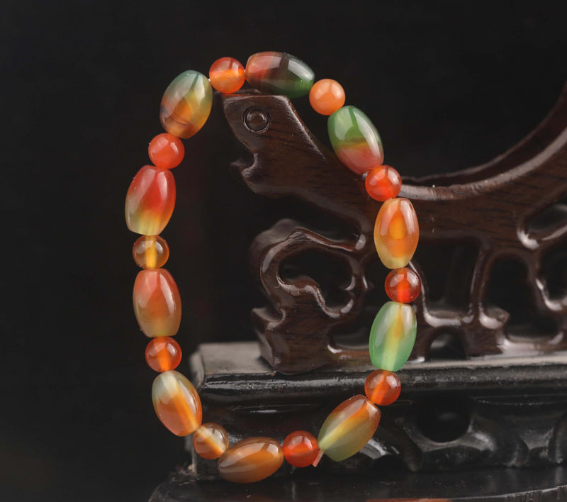 Natural Jade Hand Red & Green Beads Bangle Elastic Bracelet