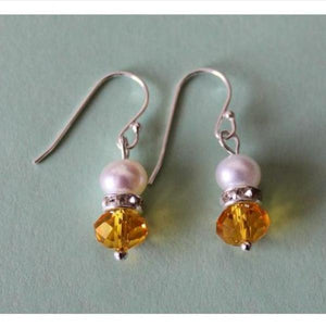 Amber Crystal Freshwater Pearl Dangle Earrings S925 Sterling Silver Hook