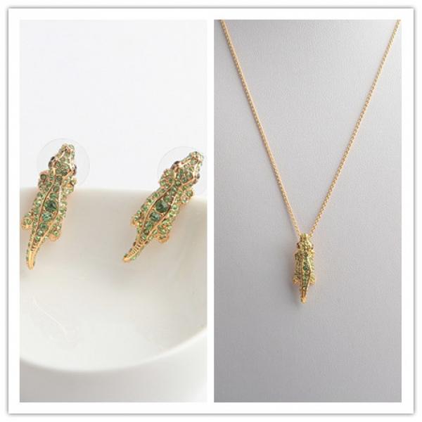 Crocodile Dangle Earrings and Pendant Necklace Set