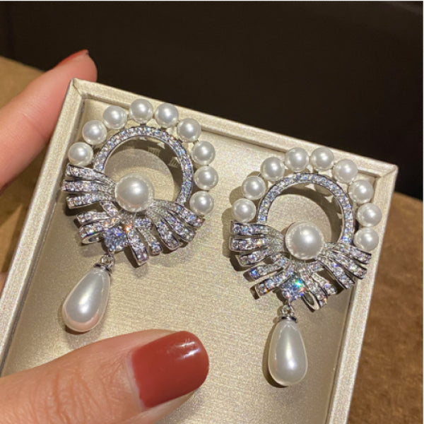 Pearl Pendant Hoop Round Earrings, Zircon Stud Baroque Retro