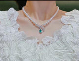 925 Silver Akoya Pearl Necklace Green Zircon Pendant Jewelry