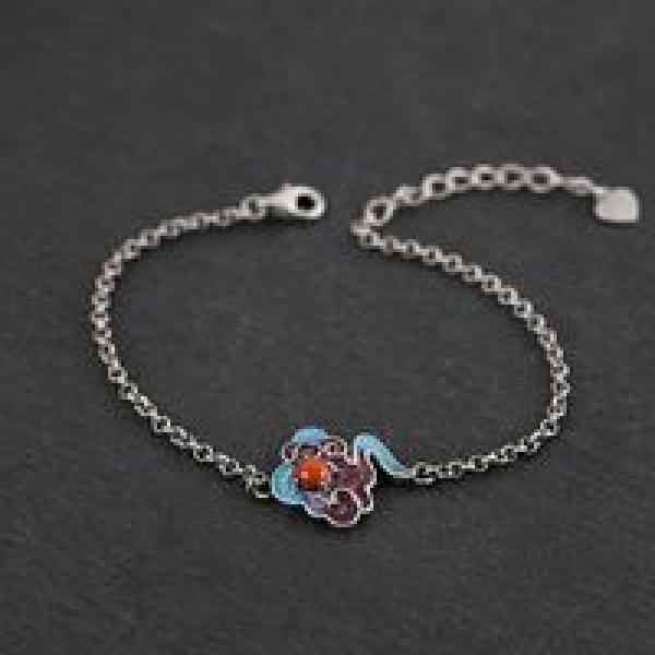 Ethnic Red Tourmaline Bracelet Chinese Retro Charm Silver Jewelry