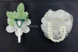 Fabric Wrist Flower Bracelet Wedding Corsage and Boutonniere Set