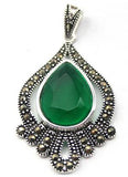 Faceted Green Jade Sterling Silver Water Drop Pendant with Marcasite Chain